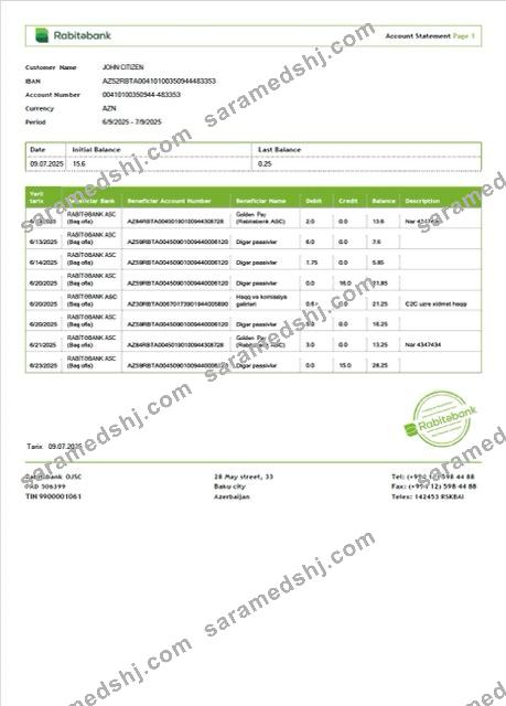 Azerbaijan Rabitəbank account statement Word and PDF template